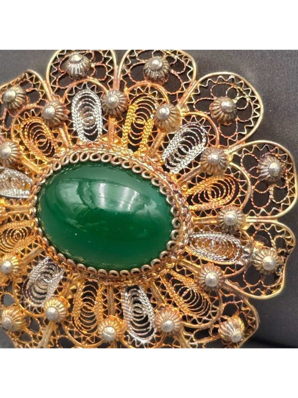 Vintage 830 Silver Vermeil Flower Brooch Green Cabochon Filigree Scandinavian - Picture 2 of 14
